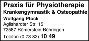 Anzeige Ptock Wolfgang Praxis für Physiotherapie