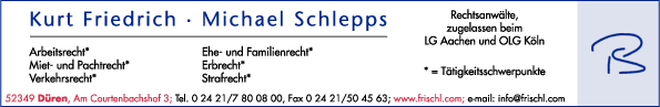 Anzeige Anwaltskanzlei Friedrich Kurt & Schlepps Michael Rechtsanwälte