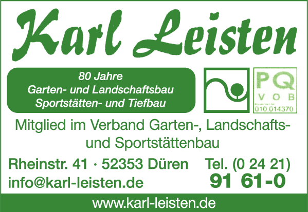 Anzeige Leisten Karl GmbH & Co KG Garten- u. Landschaftsbau Sportstätten- u. Tiefbau