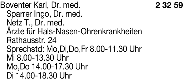 Anzeige Sparrer Ingo Dr.med. , Netz Tillman Dr. med. , Boventer Karl Dr.med. HNO Praxis Alsdorf