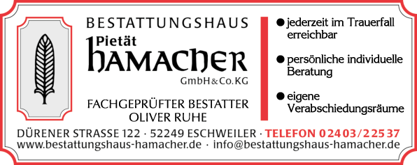 Anzeige Bestattungshaus Pietät Hamacher GmbH & Co.K
