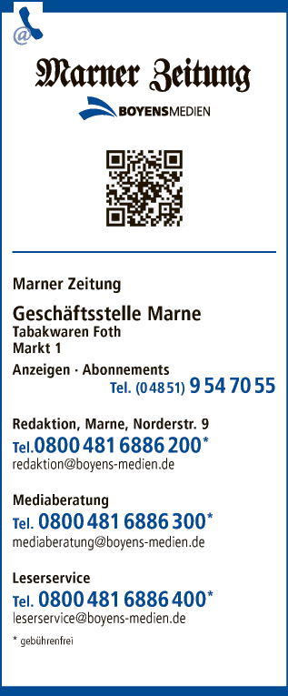 Anzeige Marner Zeitung Boyens Medien GmbH & Co. KG Geschäftsstelle Marne