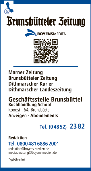 Anzeige Brunsbütteler Zeitung Boyens Medien GmbH & Co. KG Geschäftsstelle Buchhandlung Schopf