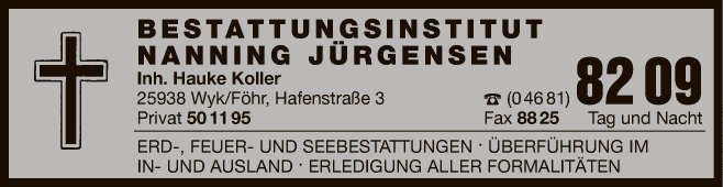 Anzeige Nanning Jürgensen Tischlerei / Bestattungen Inh. Hauke Koller