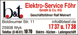 Anzeige B & T Elektro Service Föhr GmbH & Co. KG Ralf Meinert Elektrohandel