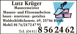 Anzeige Krüger Lutz Maurermeister u. Brigitte