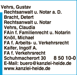 Anzeige Vehrs, Bracht, Vehrs C. Rechtsanwälte und Notare u. Knöll M. Rechtsanwalt