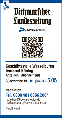 Anzeige Dithmarscher Landeszeitung Boyens Medien GmbH & Co. KG Geschäftsstelle Wesselburen