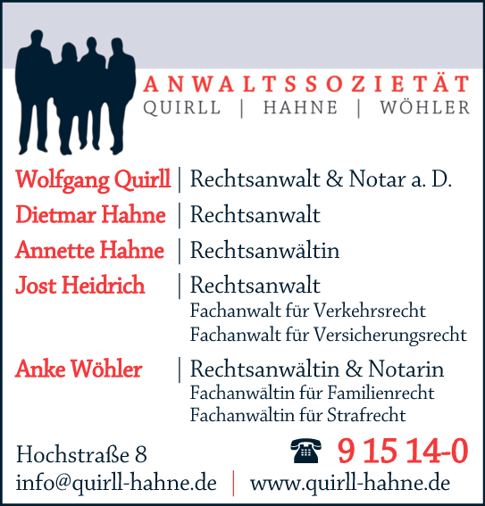 Anzeige Quirll Wolfgang, Hahne Dietmar, Hahne Annette, Heidrich Jost u. Wöhler Anke Rechtsanwälte u. Notarin