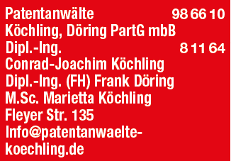 Kundenfoto 2 Patentanwälte Köchling, Döring PartG mbB Dipl.-Ing. Conrad-Joachim Köchling, Dipl.-Ing. (FH) Frank Döring, M.Sc. Marietta Köchling