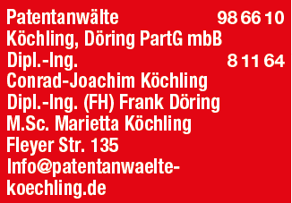 Kundenbild groß 2 Patentanwälte Köchling, Döring PartG mbB Dipl.-Ing. Conrad-Joachim Köchling, Dipl.-Ing. (FH) Frank Döring, M.Sc. Marietta Köchling