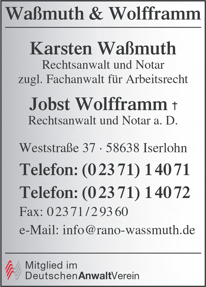 Kundenbild groß 1 Karsten Waßmuth Rechtsanwalt und Notar u. , Jobst Wolfframm †