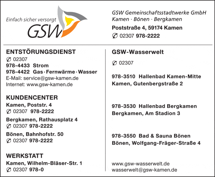 Kundenbild groß 1 GSW Gemeinschaftststadwerke GmbH Kamen-Bönen-Bergkamen