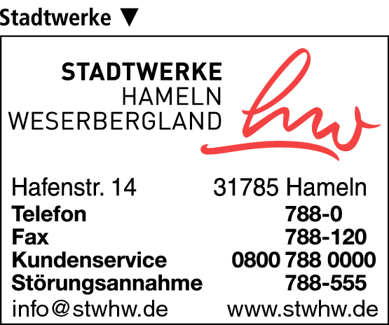 Anzeige Stadtwerke Hameln Weserbergland GmbH