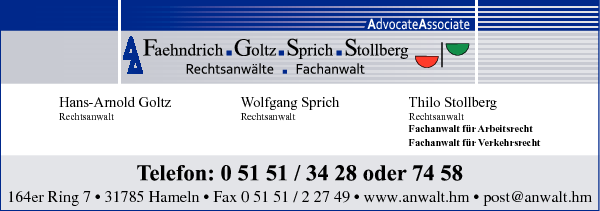 Anzeige AdvocateAssociate Faehndrich, Goltz, Sprich, Stollberg Rechtsanwälte, Fachanwalt