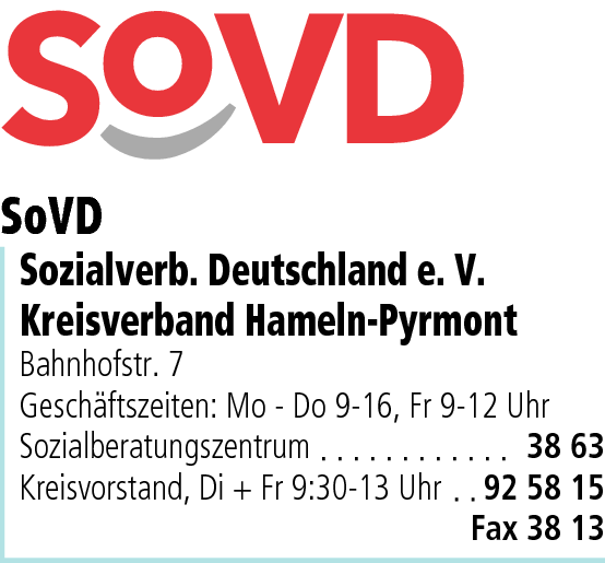 Anzeige SoVD Sozialverband Deutschland e.V. Kreisverband Hameln Pyrmont Sozialberatung