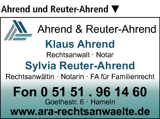 Anzeige Ahrend Klaus Rechtsanwalt und Notar u. Reuter-Ahrend Sylvia Rechtsanwältin und Notarin, Fachanwältin für Familienrecht
