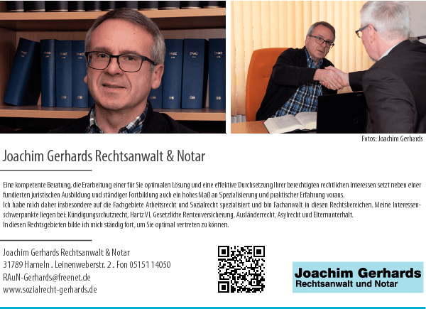 Anzeige Gerhards Joachim Rechtsanwalt und Notar Fachanwalt für Arbeitsrecht, Fachanwalt für Sozialrecht