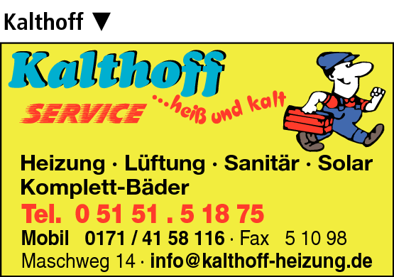 Anzeige Kalthoff Bernd Heiz./San. u. Edelstahlschornsteinverrohrung