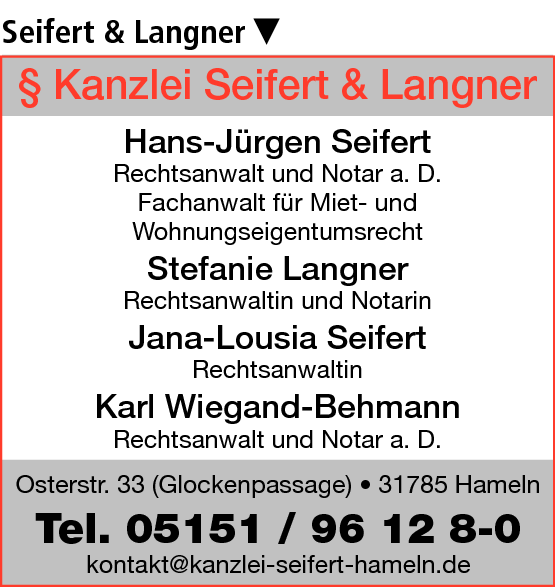 Anzeige Kanzlei Seifert & Langner, Seifert Hans-Jürgen Rechtsanwalt und Notar a.D. u. Langner Stefanie Rechtsanwältin und Notarin