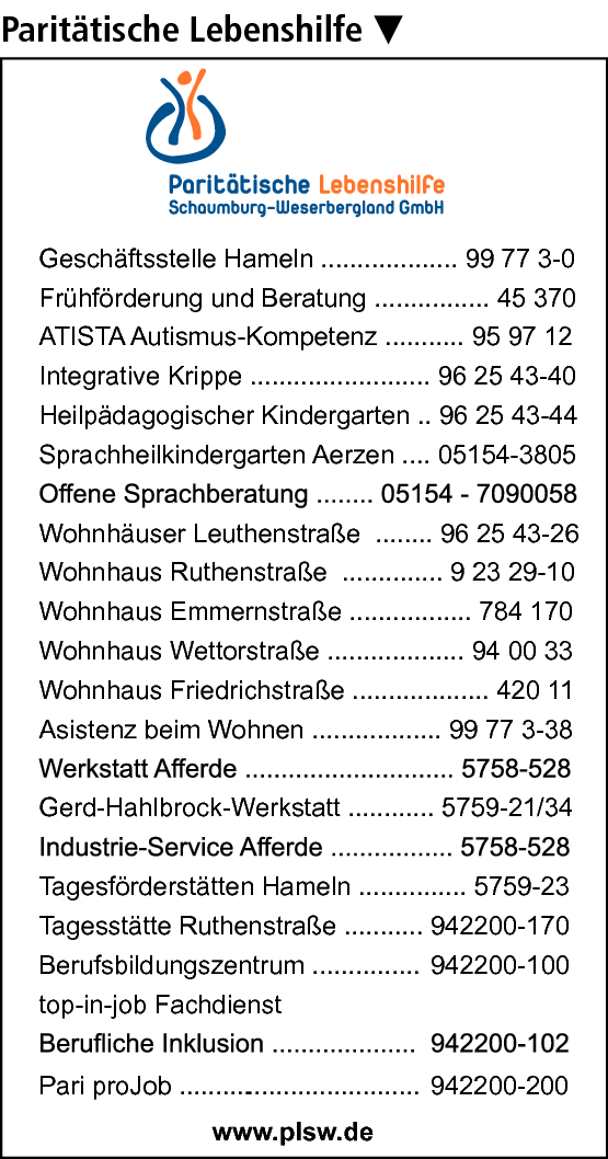 Anzeige Paritätische Lebenshilfe Schaumburg-Weserbergland GmbH ATISTA Autismus-Kompetenz