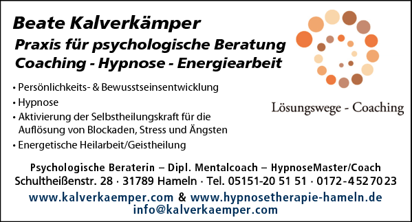 Anzeige Kalverkämper Beate Beratung-Coaching-Hypnose-Energiearbeit