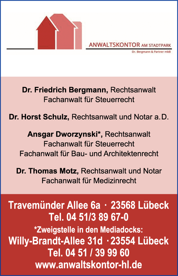 Anzeige Anwaltskontor am Stadtpark Dr. Bergmann und Partner mbB Rechtsanwälte, Fachanwälte und Notare