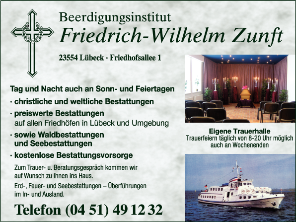 Anzeige Beerdigungsinstitut Friedrich-W. Zunft