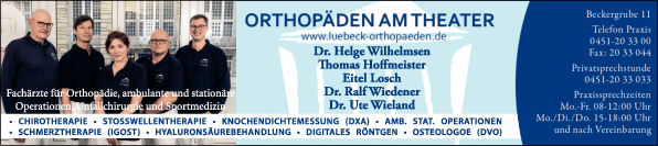 Anzeige Orthopäden am Theater, Dr. Wiedener, Ralf, Hoffmeister, Thomas, Dr. Wieland, Ute , Wilhelmsen Helge Dr. und Losch Eitel