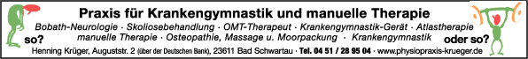 Anzeige Krüger, Henning Praxis für Krankengymnastik und manuelle Therapie