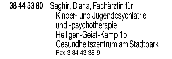 Anzeige Saghir Diana Praxis für Kinder- und Jugendpsychiatrie und -psychotherapie