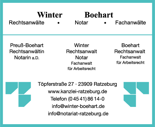 Anzeige Preuß-Boehart - Winter - Boehart Rechtsanwälte u. Notare Fachanwälte für Familien- und Arbeitsrecht