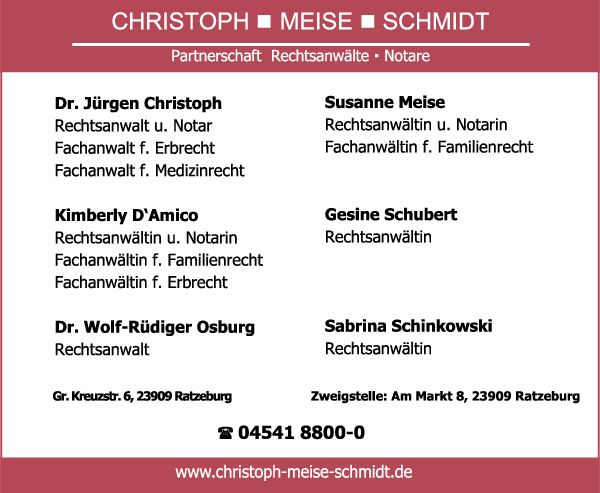 Anzeige Christoph-Meise-Schmidt Rechtsanwälte Partnerschaft mbB . Notare Rechtsanwälte und Notare