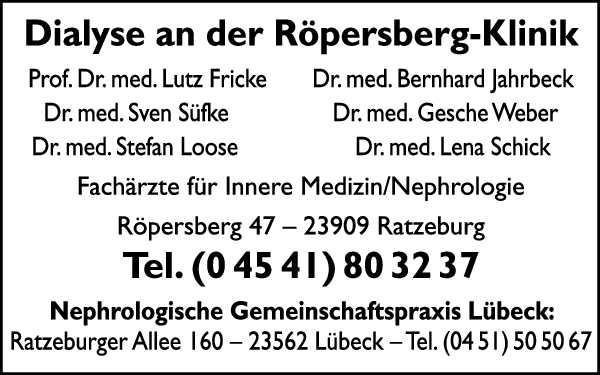 Anzeige Dialyse an der Röpersberg-Klinik, Prof. Dr. med. Fricke, Dr. Jahrbeck, Dr. Süfke, Dr. Weber, Dr. Loose u. Dr. Schick