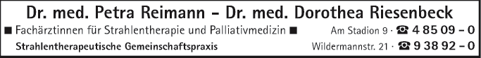 Anzeige Strahlentherapeutische Gemeinschaftspraxis Reimann P. Dr. med. u. Riesenbeck D. Dr. med.