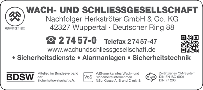 Anzeige Wach- und Schließgesellschaft Wuppertal Nachfolger Herkströter GmbH & Co. KG