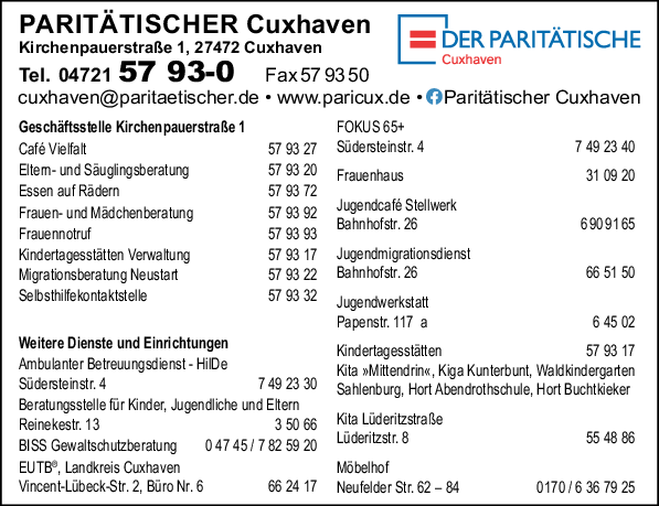 Anzeige Paritätischer Wohlfahrtsverband Niedersachsen e. V. Kreisverband Cuxhaven