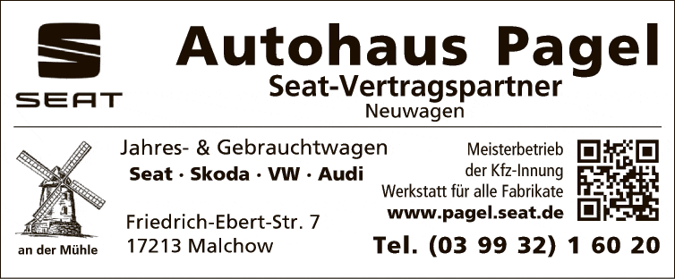 Anzeige Autohaus Pagel Seat Vertragshändler Freie Fachwerkstatt