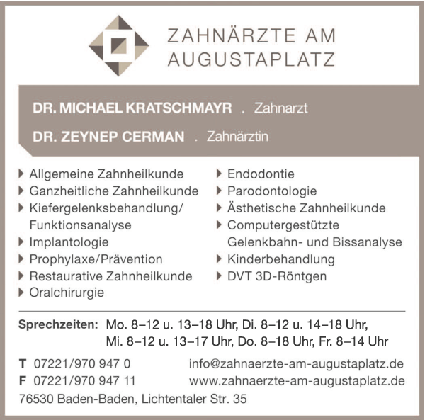 Anzeige Kratschmayr Dr. & Cerman Dr. Zahnärzte am Augustaplatz