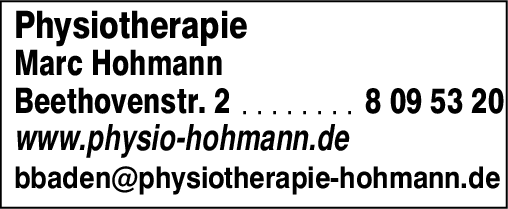 Anzeige Praxis für Physiotherapie Hohmann Medical Center Beethovenstr. 2