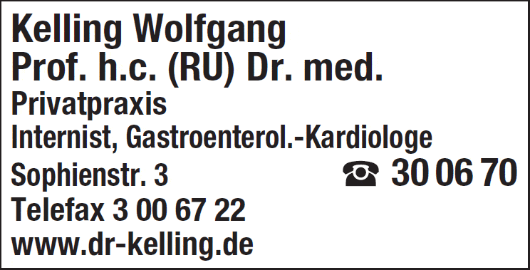 Kundenbild groß 1 Kelling Wolfgang Prof. h.c. (Ru) Dr. med. Privatpraxis Internist Kardiologe-Gastroenterologe
