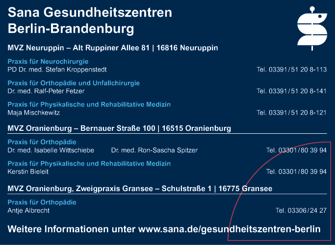 Anzeige Sana Gesundheitszentren Berlin-Brandenburg GmbH MVZ Neuruppin