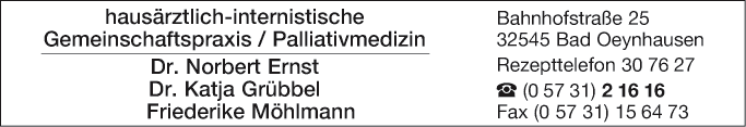 Anzeige Ernst Norbert Dr.med.,Grübbel Katja Dr.med.,Möhlmann,Friederike Gemeinschaftspraxis Fachärzte für Innere Medizin