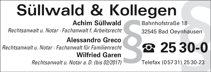 Anzeige Anwälte Garen, Süllwald & Greco