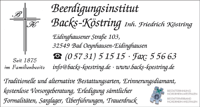 Anzeige Backs - Köstring Beerdigungsinstitut