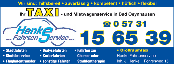 Anzeige Henke Fahrtenservice Inh. Jörg Henke Taxi-und Mietwagenservice