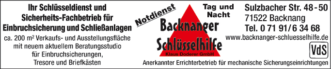 Anzeige Schlüsseldienst Backnanger Schlüsselhilfe