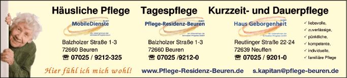Anzeige Pflege-Residenz-Beuren GmbH, Leben am Turm