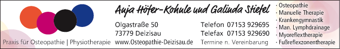 Anzeige Praxis für Physiotherapie / Osteopathie Höfer-Kohnle & Stiefel