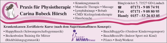 Anzeige Praxis für Physiotherapie Carina Bubeck Hörsch